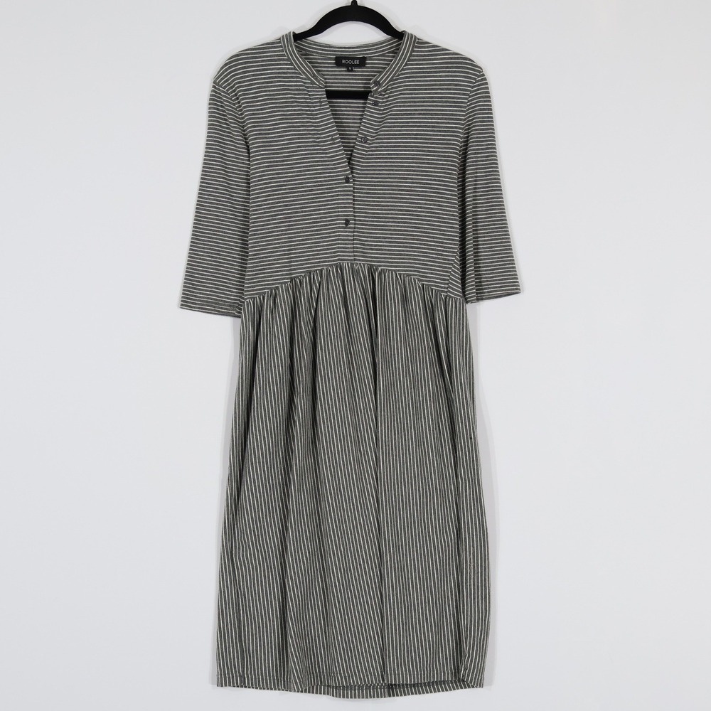 Roolee Striped Henley Midi Dress Womens Small Grey Empire Waist Casual Staple